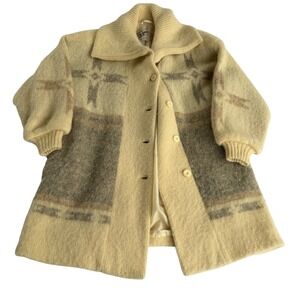 VTG Hilda Ltd Icelandic Wool Sweater Coat Jacket Geometric Nordic Cream S 70s